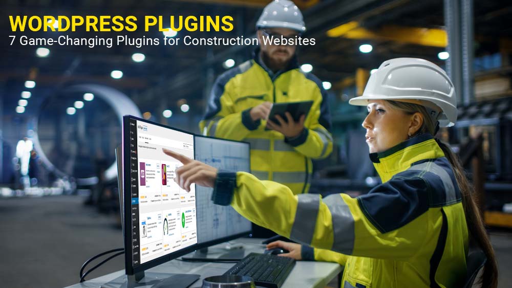 an image of a woman and a man at a construction site discussing something on a computer